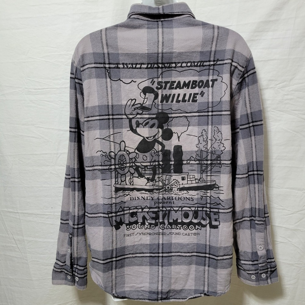 Cakeworthy Disney Flannel Shirt Mens Size L Steamboat Willie Plaid Grey